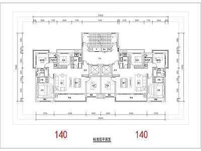 现代住宅楼建筑 140平 一类高层 大面宽T2户型 4面宽 方案平面 施工图