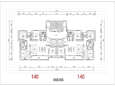 现代住宅楼建筑 140平 一类高层 大面宽T2户型 4面宽 方案平面 施工图