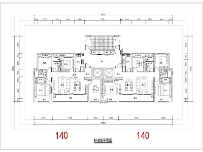 现代住宅楼建筑 140平 一类高层 大面宽T2户型 4面宽 方案平面 施工图