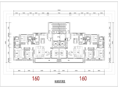 现代住宅楼建筑 160平 南北通T2户型 5面宽 大横厅 方案平面 施工图