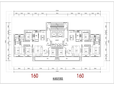 现代住宅楼建筑 160平 南北通T2户型 5面宽 大横厅 方案平面 施工图