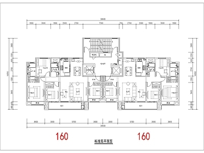 现代住宅楼建筑 160平 南北通T2户型 一类高层 5面宽 方案平面 施工图