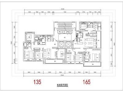 现代住宅楼建筑 135 165平 一类高层 横厅拼边厅 T2户型 方案平面 施工图