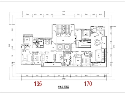 现代住宅楼建筑 135 170平 一类高层 边角厅T2户型 南北通 方案平面 施工图