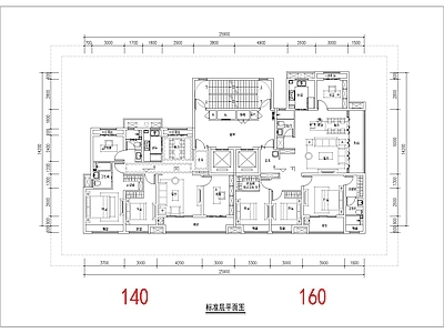 现代住宅楼建筑 140 160平 一类高层 边厅T2户型 南北通 方案平面 施工图