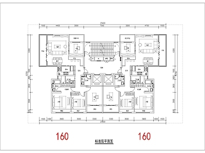 现代住宅楼建筑 160平 一类高层 边厅角厅 T2户型 方案平面 施工图