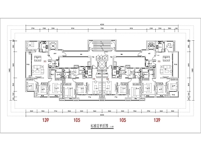 现代住宅楼建筑 105 139平 一类高层 边厅T4户型 独立入户 方案平面 施工图