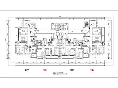 现代住宅楼建筑 102 139平 一类高层 边厅T4户型 独立入户 方案平面 施工图