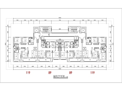 现代住宅楼建筑 90 120平 一类高层 T4户型 方案平面 施工图