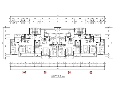 现代住宅楼建筑 90 107平 一类高层 T4户型 方案平面 施工图