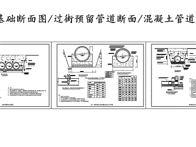 给排水节点详图 排水管道基础断面 过街预留管道断面 混凝土管道断面 FRPP管道断面 施工图