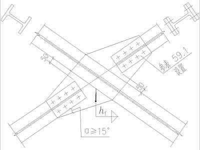 结构节点图 支撑斜杆为H型钢 双节点板 连接节点构造详图 施工图