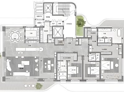 平层 350大平层方案 四代宅户型方案 空中 转角景观宽厅 施工图