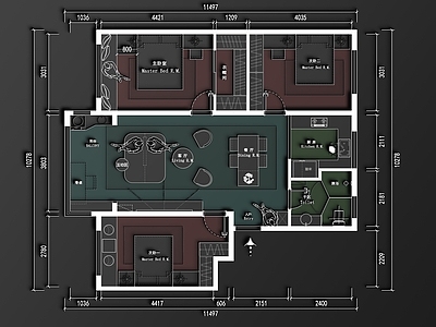 现代整体家装空间 户型改造 三居H户型 彩平 施工图