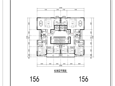 现代住宅楼建筑 156平 T2一类高层 点式高层 北横厅 方案平面 施工图