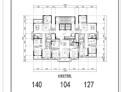 现代住宅楼建筑 104至140平 T3一类高层 边厅户型 点式高层 方案平面 施工图