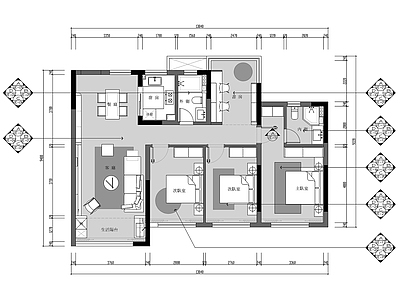 平层 117㎡现代四居 大平层 四室两厅 平层全套 室内全 施工图