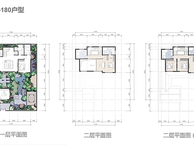 现代新中式别墅建筑 180平合院别墅 合院别墅全套图纸 新中式合院户型 施工图