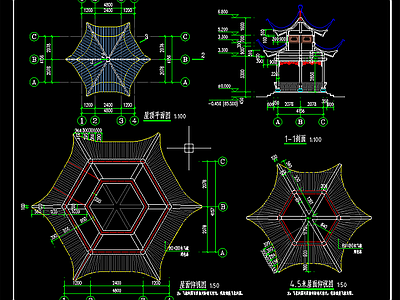 中式亭子图库 六角重檐亭 施工图