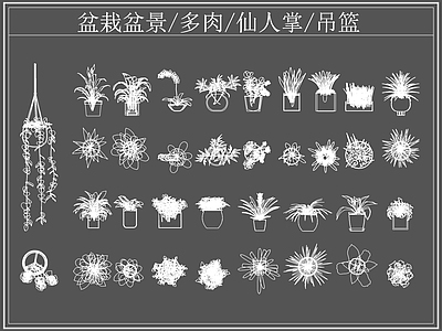 现代综合植物图库 盆栽盆景 多肉 仙人掌 吊篮 施工图