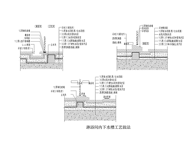 现代简约地面节点 淋浴间下水槽节点 下水槽大样 淋浴间槛石 施工图