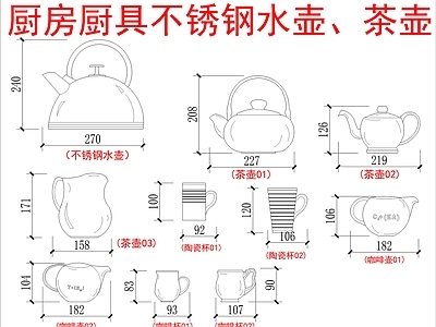 现代厨房设施 不锈钢水壶 茶壶 施工图