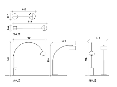 现代灯具图库 弧形落地灯平面图 落地灯结构图 落地灯设计图 弧形布局图 落地灯安装图 施工图