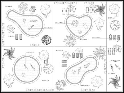 现代新中式其他图库 游泳池 躺椅 遮阳伞 水景 施工图