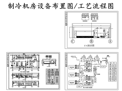 暖通节点 制冷机房 制冷机房设备布置 制冷机房工艺流程 施工图