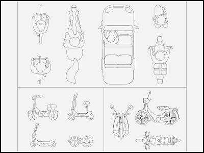 现代交通工具图库 汽车 电动车 外卖车 马 滑板 施工图