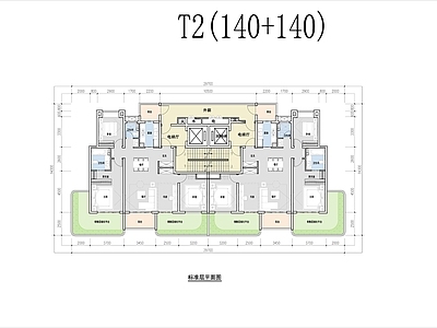 现代住宅楼建筑 第四代住宅 T2 平面图 施工图