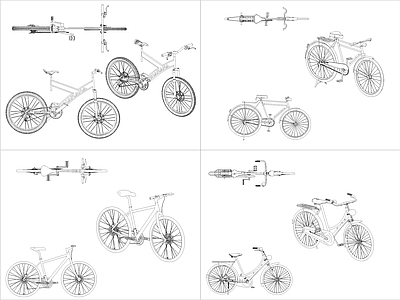 现代交通工具图库 4组自行车图块 施工图