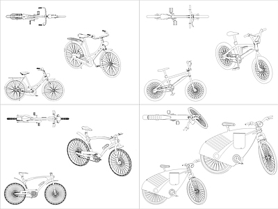现代交通工具图库 4组自行车图块 施工图