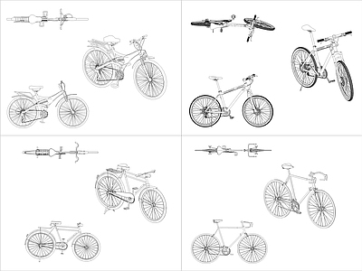 现代交通工具图库 4组自行车图块 施工图