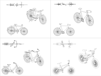 现代交通工具图库 4组自行车图块 施工图