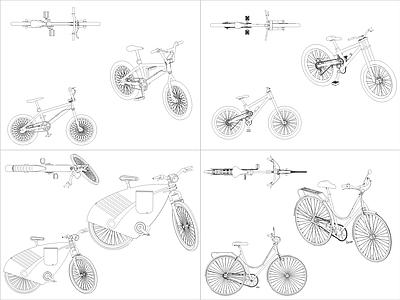 现代交通工具图库 4组自行车图块 施工图