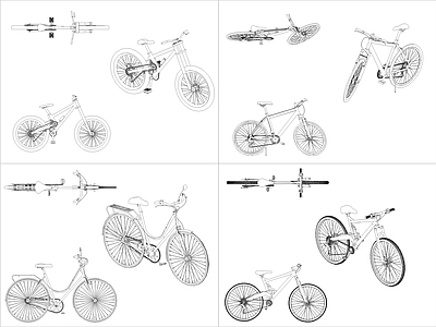 现代交通工具图库 4组自行车图块 施工图