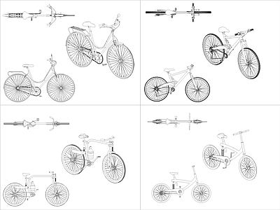 现代交通工具图库 4组自行车图块 施工图