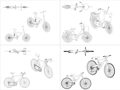 现代交通工具图库 4组自行车图块 施工图