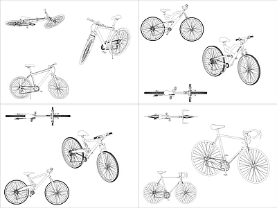现代交通工具图库 4组自行车图块 施工图