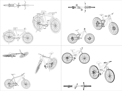 现代交通工具图库 4组自行车图块 施工图