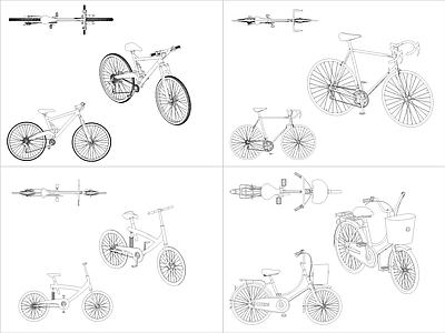 现代交通工具图库 4组自行车图块 施工图