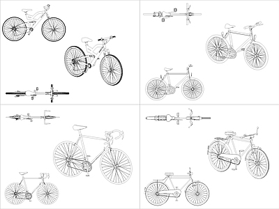 现代交通工具图库 4组自行车图块 施工图