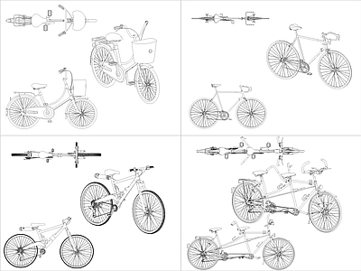 现代交通工具图库 4组自行车图块 施工图