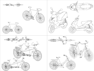 现代交通工具图库 4组自行车图块 施工图