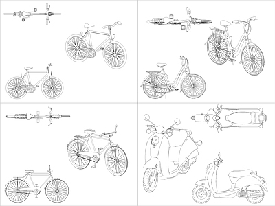 现代交通工具图库 4组自行车图块 施工图