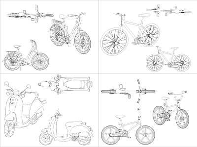 现代交通工具图库 4组自行车图块 施工图