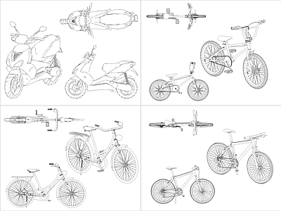 现代交通工具图库 4组自行车图块 施工图
