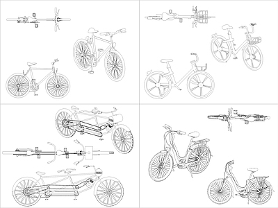 现代交通工具图库 4组自行车图块 施工图