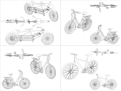 现代交通工具图库 4组自行车图块 施工图